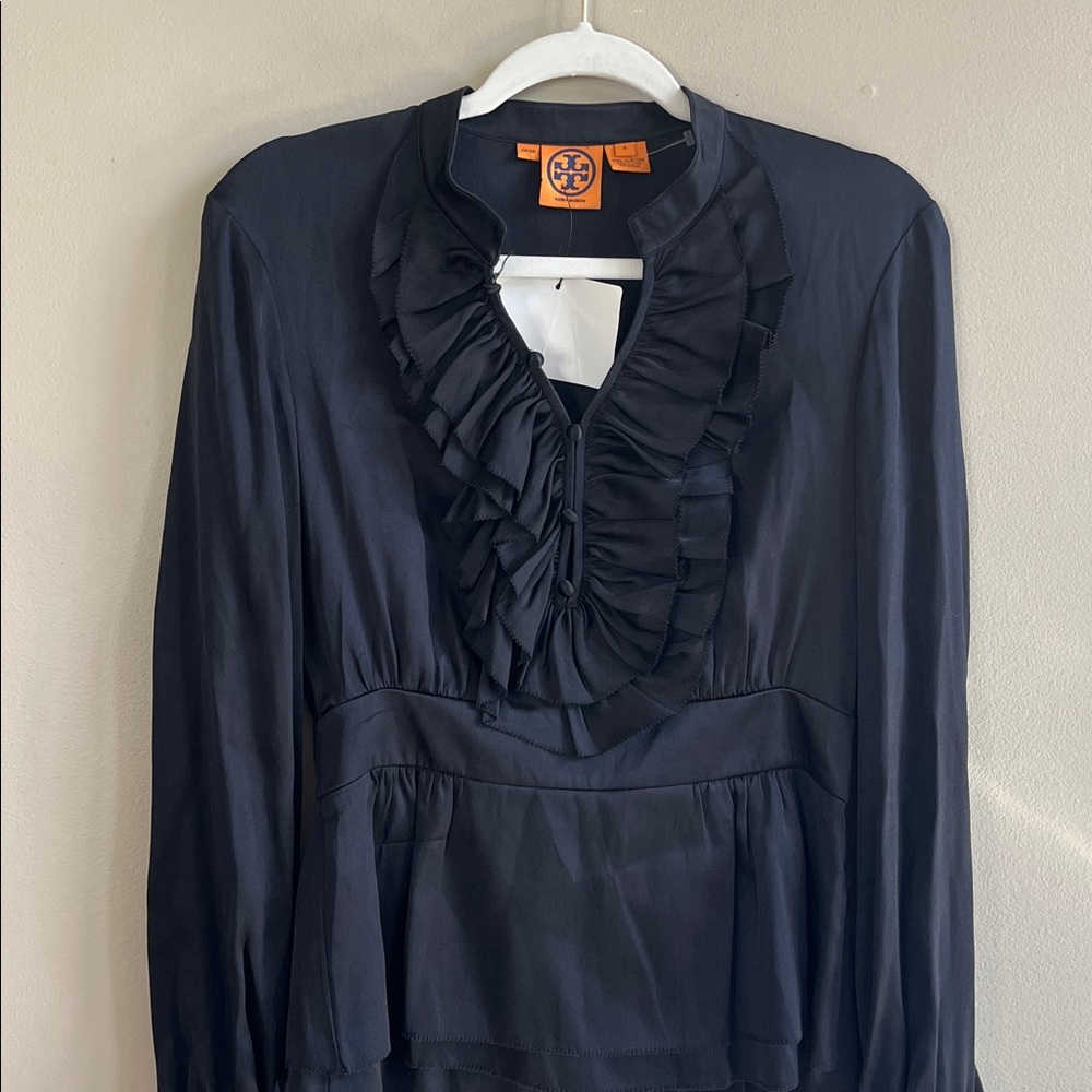 Tory Burch black tiered ruffle bib front long sleeve silk blouse size 6